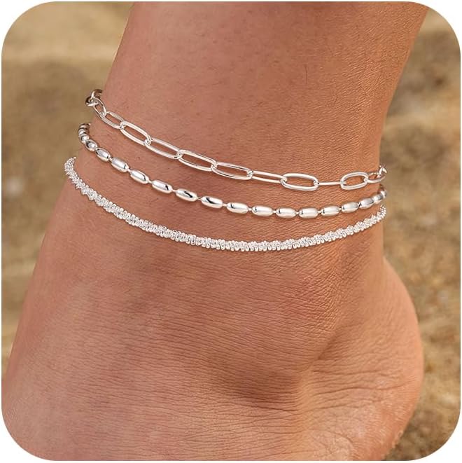 Robaice Ankle Bracelets for Women, Glitter Waterproof Adjustable Anklet for Women, 14K Gold Plated/Sterling Silver Layered Anklets, Summer Beach Anklet Jewelry for Women Gift - Image 1